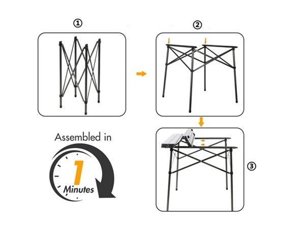 Portal Outdoors camping table Step-by-step assembly diagram of a structure with time indication