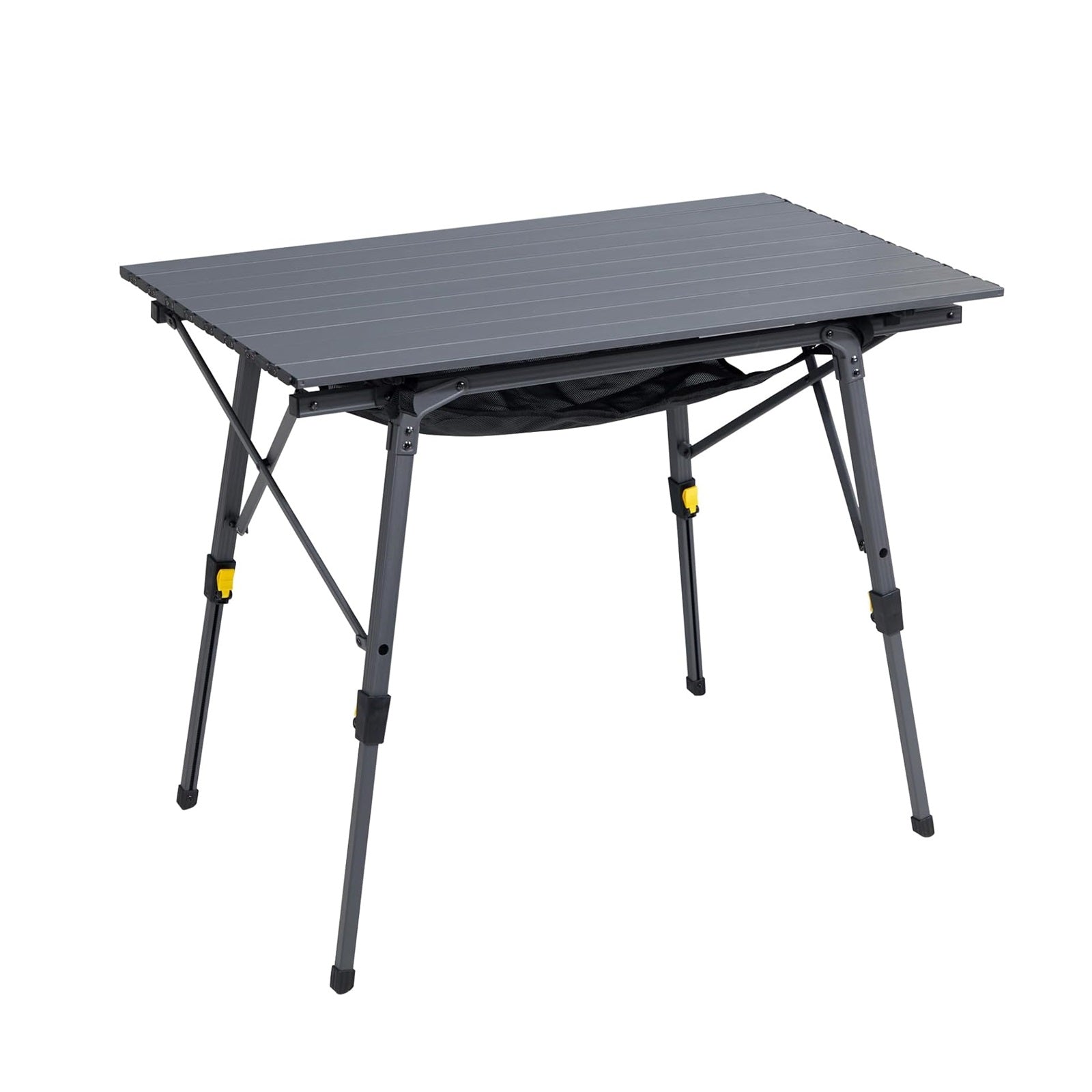 A dark grey folding table with 4 adjustable legs