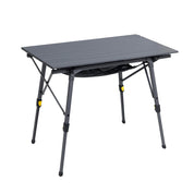 A dark grey folding table with 4 adjustable legs