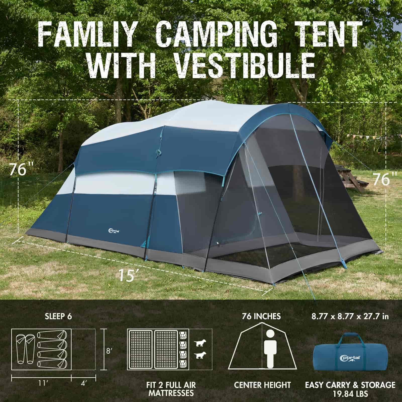 Portal Outdoors 6 - Person Family Camping Tent with Screened Porch - Portal Outdoors