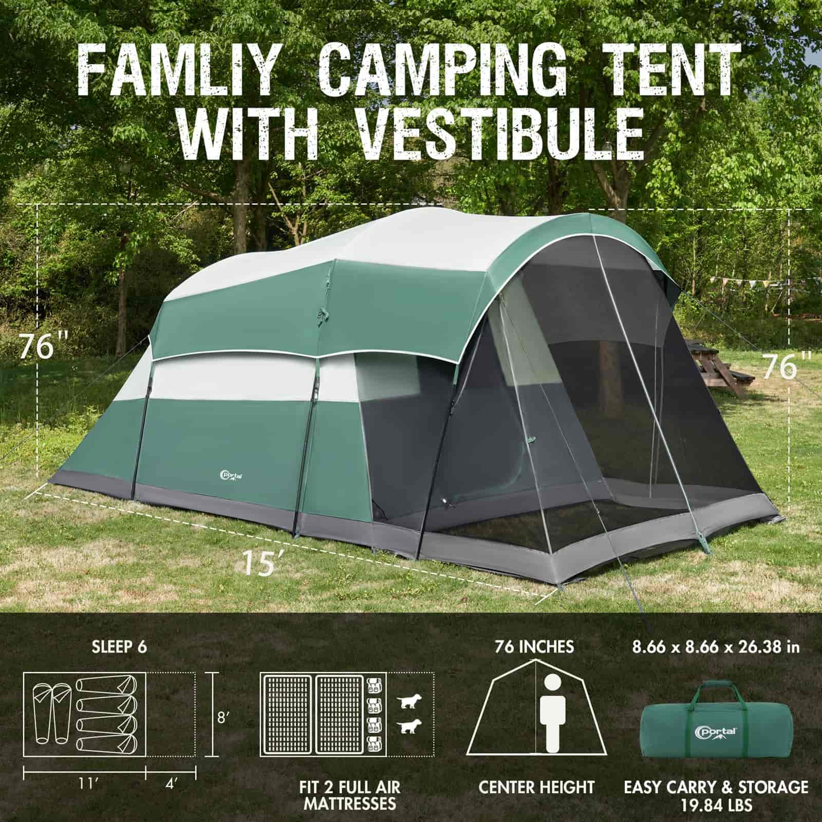 Portal Outdoors 6 - Person Family Camping Tent with Screened Porch - Portal Outdoors