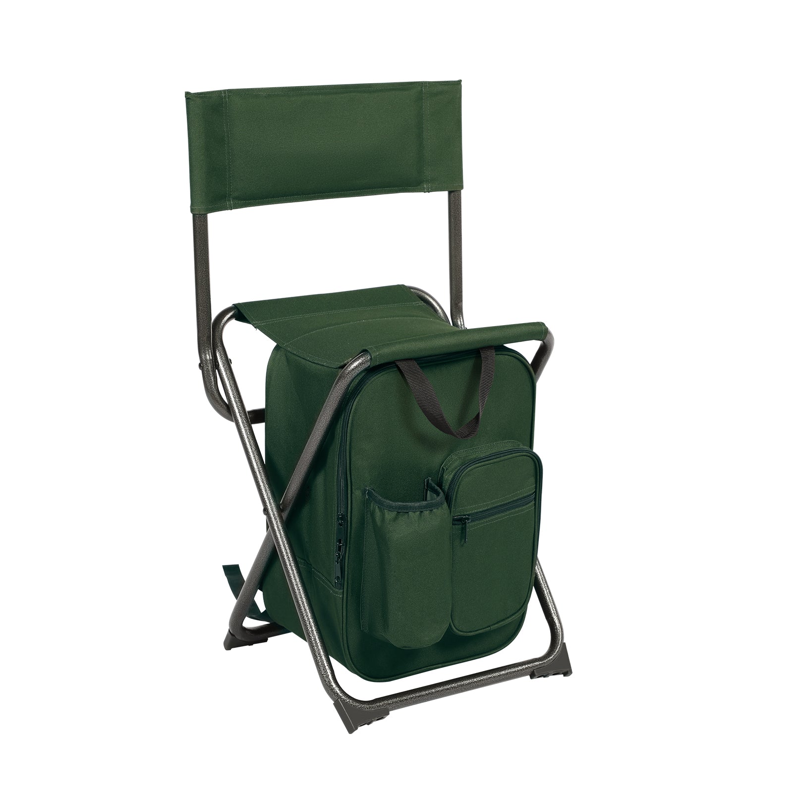 A green folding chair with a built-in cooler bag, designed for outdoor activities like camping or fishing.