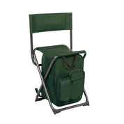 A green folding chair with a built-in cooler bag, designed for outdoor activities like camping or fishing.