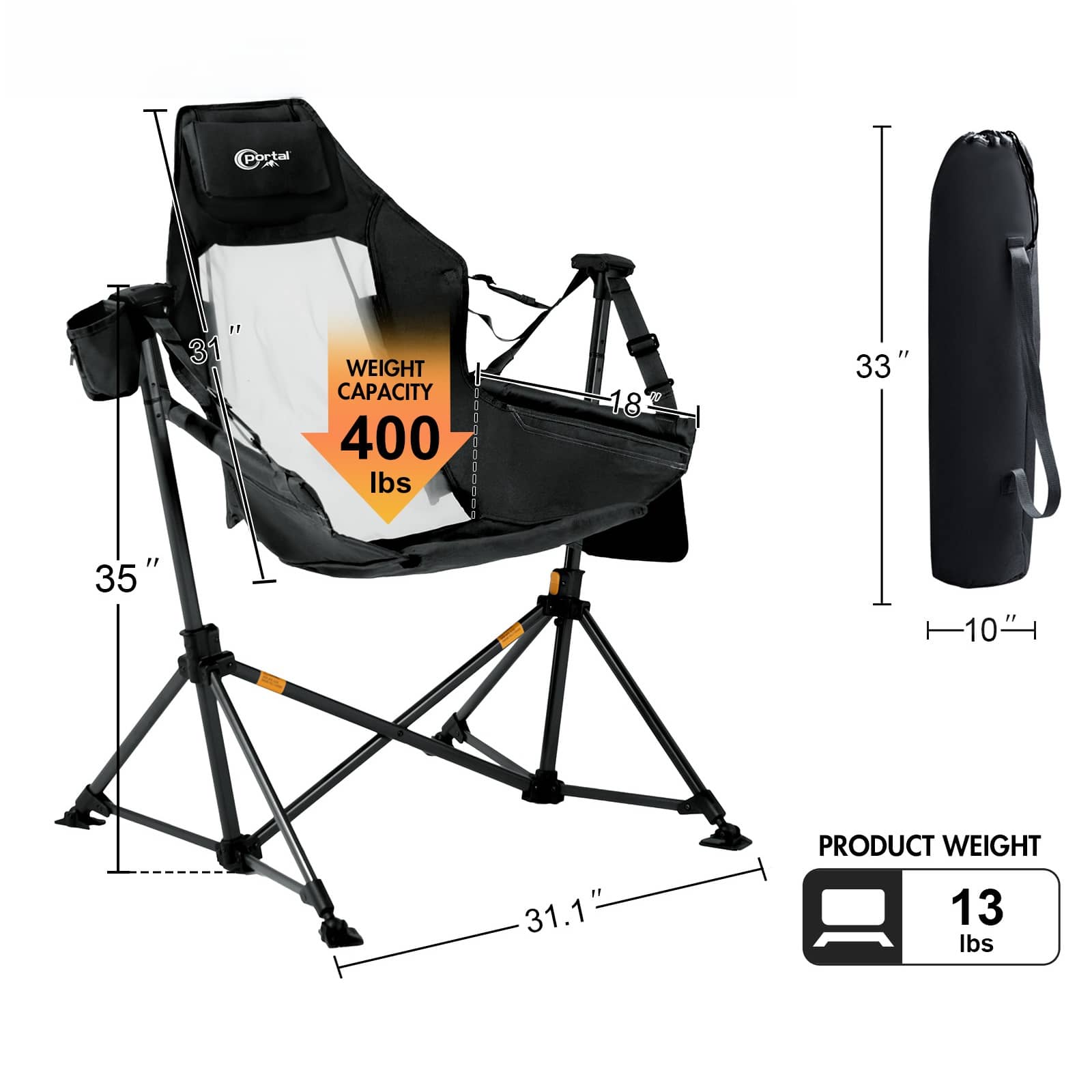 Portal Outdoors Camping Swinging Hammock Chair Black