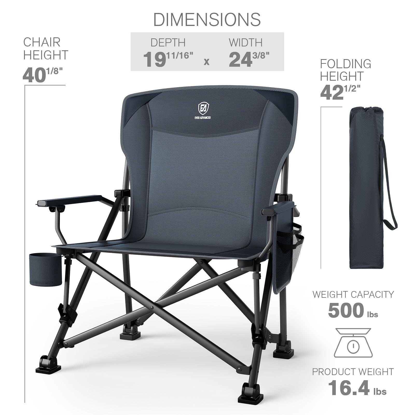 Size Guide for EVER ADVANCED Oversized Folding Camping Chair Gray Color