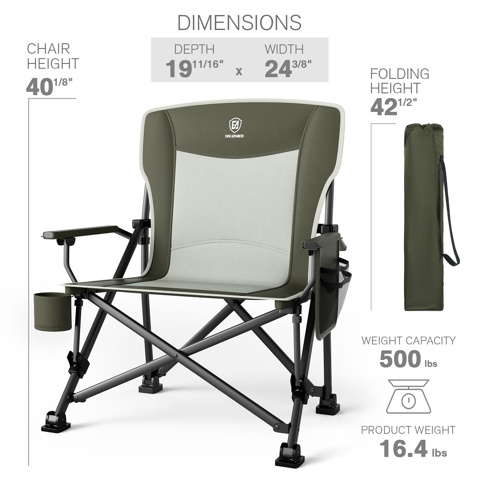 Size Guide for EVER ADVANCED Oversized Folding Camping Chair Support 500 lbs 