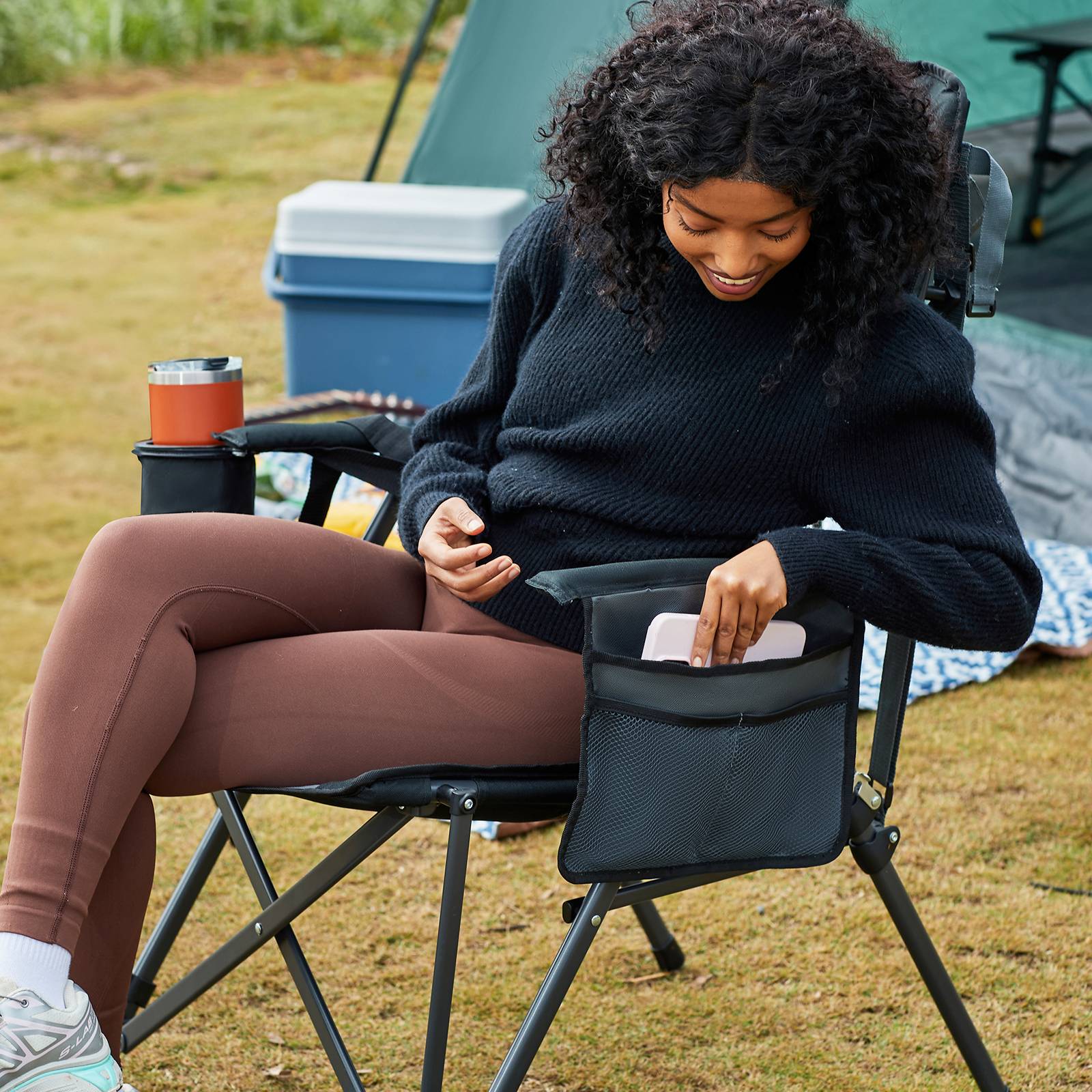 Portal Outdoors Lumbar Support Folding Chair Black Color with Side Pocket
