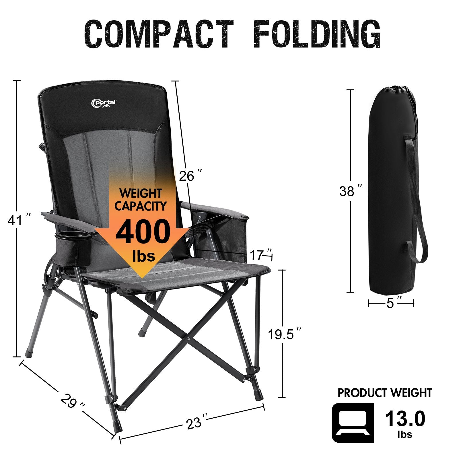 Size Guide for Portal Outdoors Lumbar Support Folding Chair Black Color