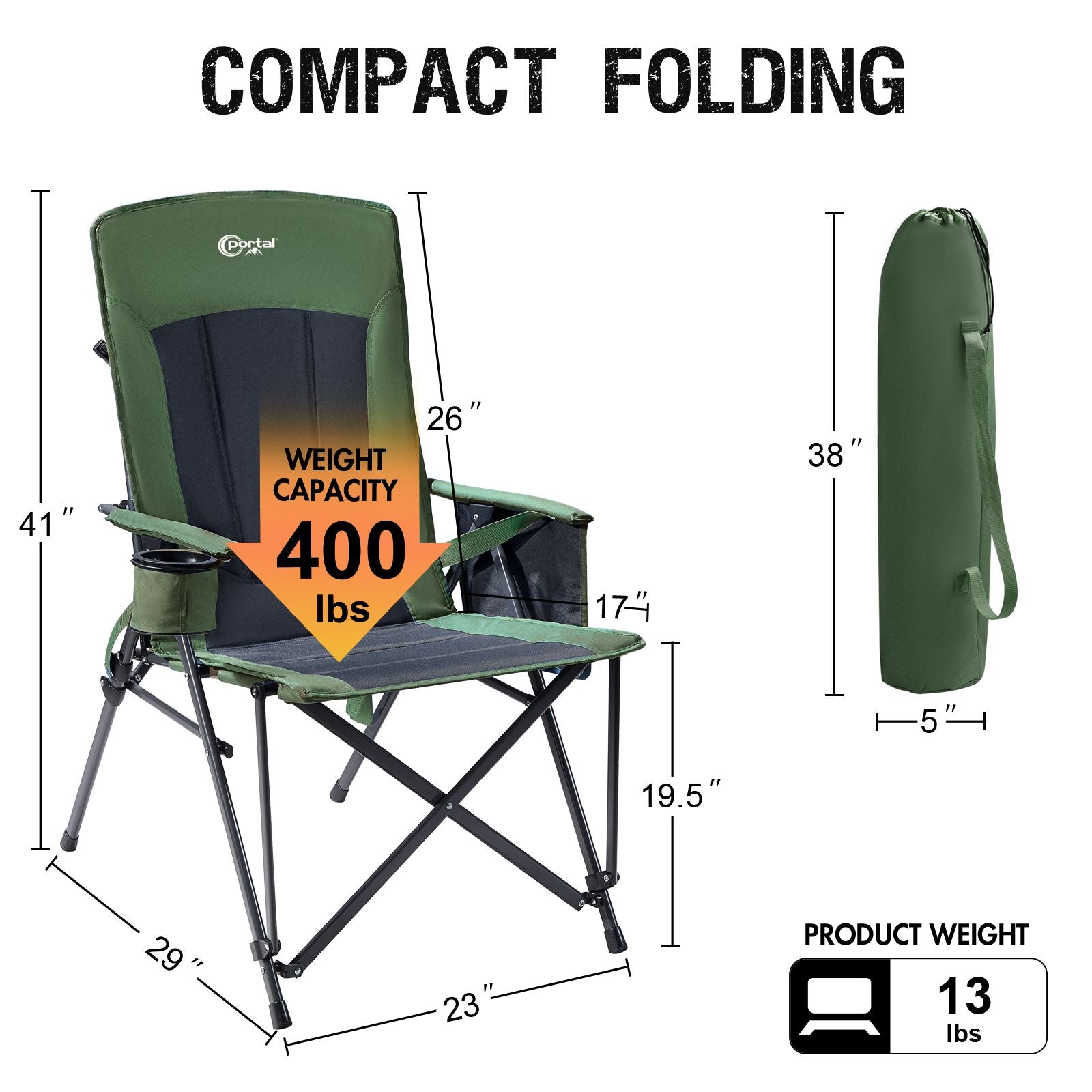 Size Guide for Portal Outdoors Lumbar Support Folding Chair Green Color 