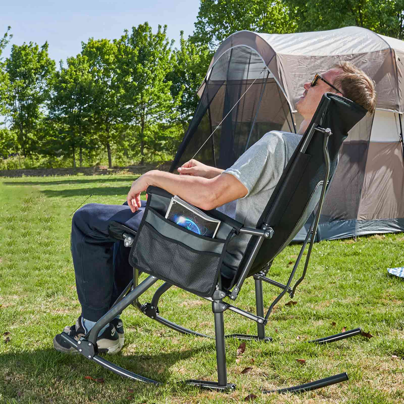 PORTAL Folding Camping Rocking Chairs with High Back Hard Armrest Support 300 lbs, Blue, 18