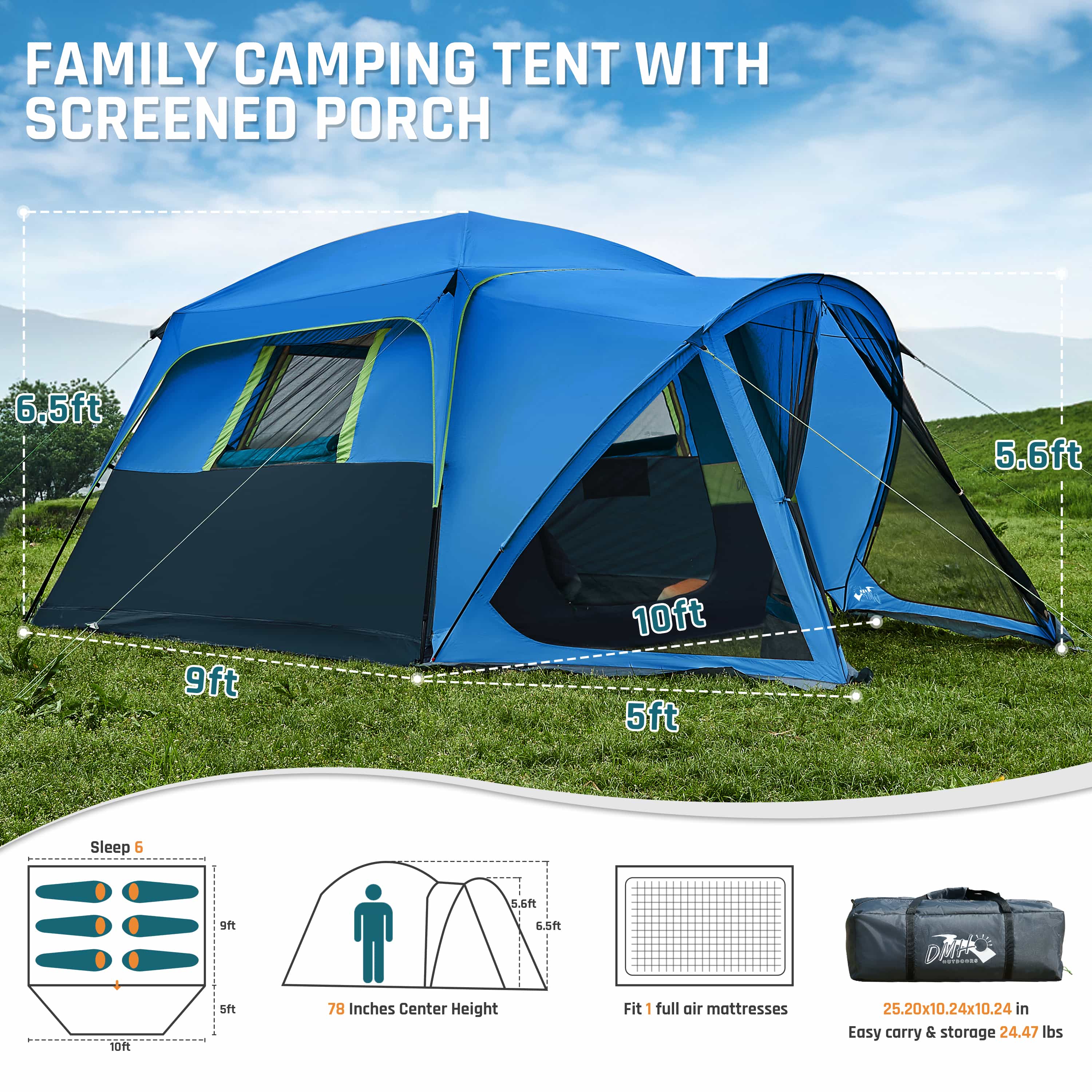 DMH Outdoors 6 Person Camping Tent with Screen Porch