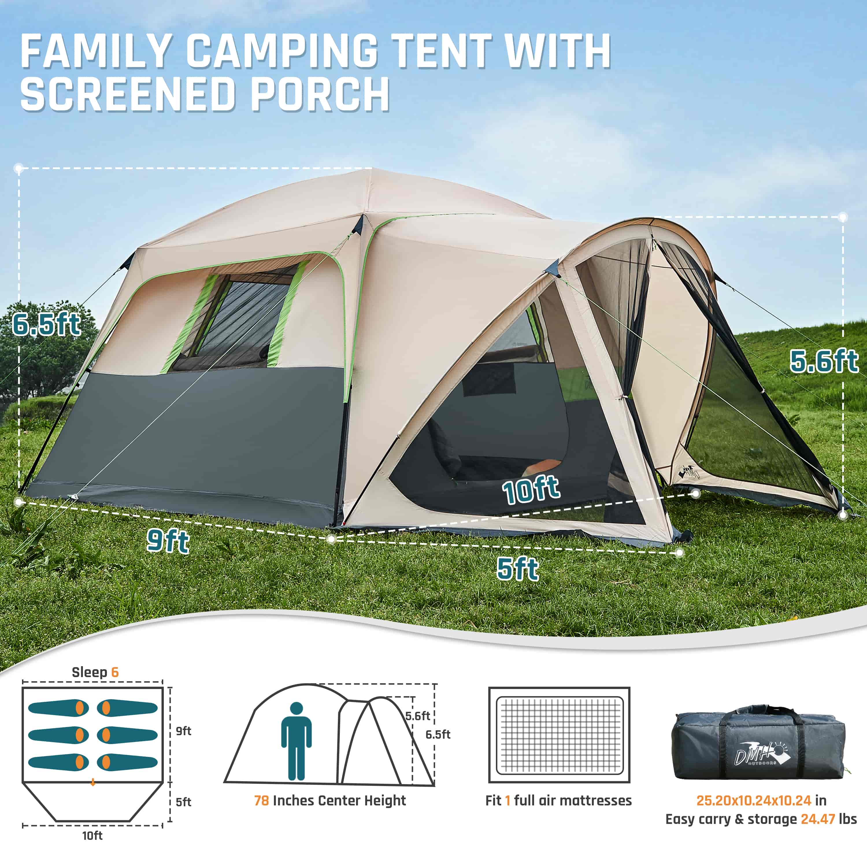 DMH Outdoors 6 Person Camping Tent with Screen Porch