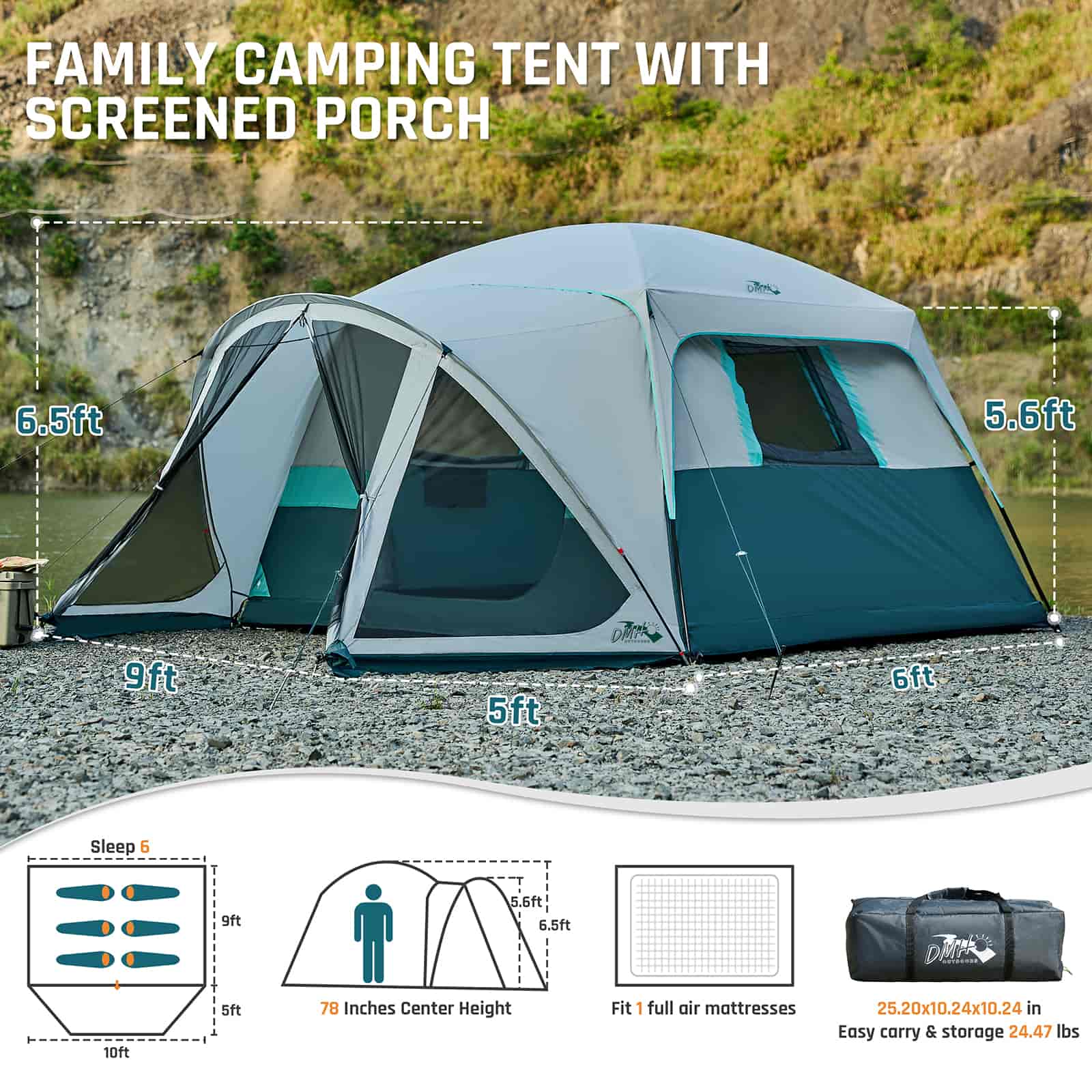 Tents for Camping 6 Person Camping Tent with Screen Porch, Weatherproof Large Cabin Tent with Rainfly and Carry Bag, Family Tent for Outdoor Camping
