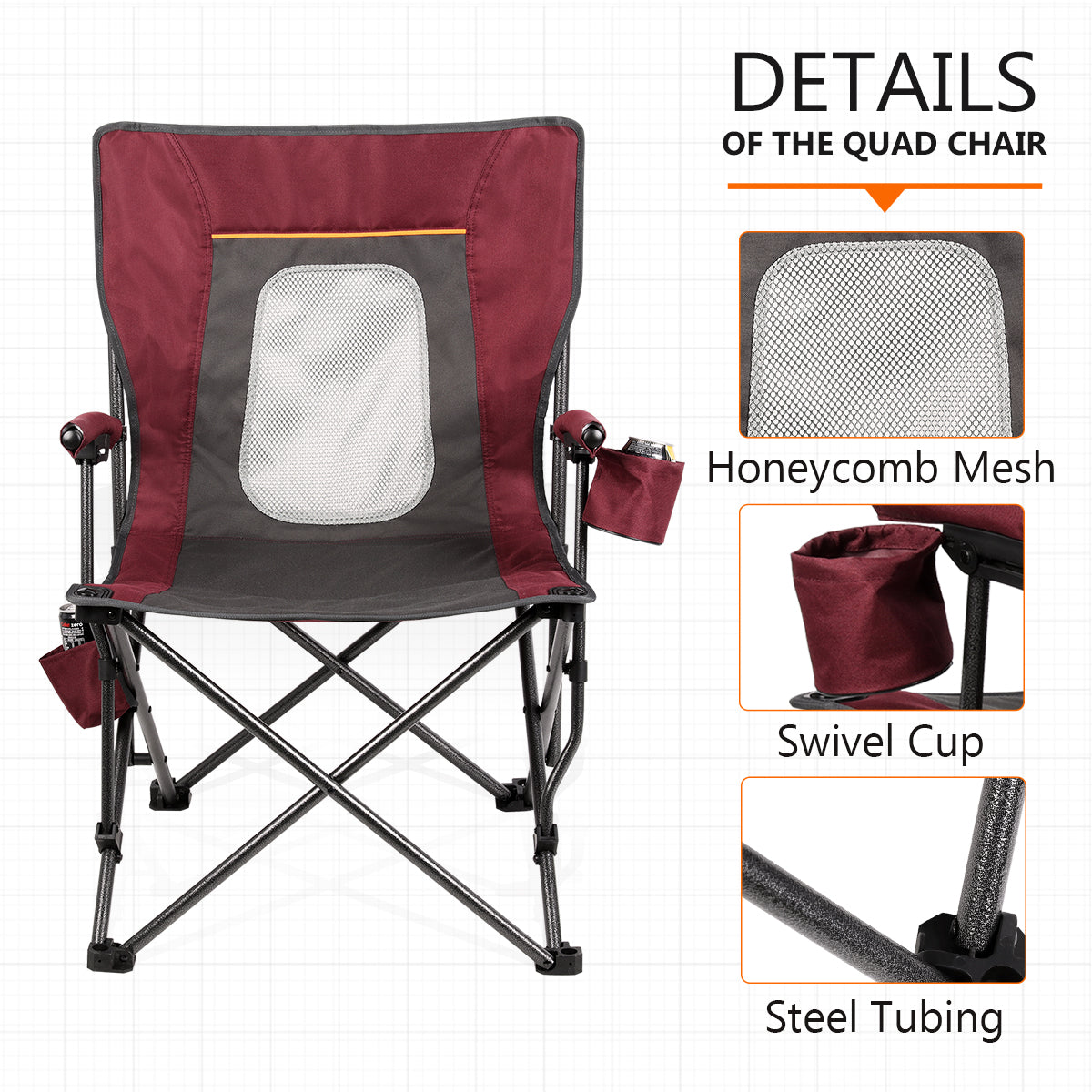 PORTAL Camping Chair Folding Portable Quad Mesh Back with Cup Holder Pocket and Hard Armrest, Supports 300 lbs, 23. 6 * 18. 5 * 36. 6