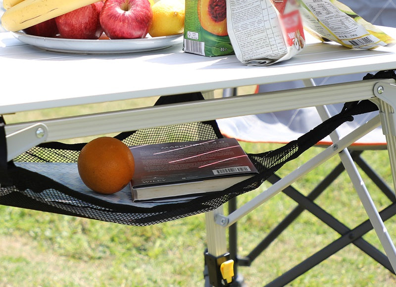 Camping table with removable mesh storage shelf underneath