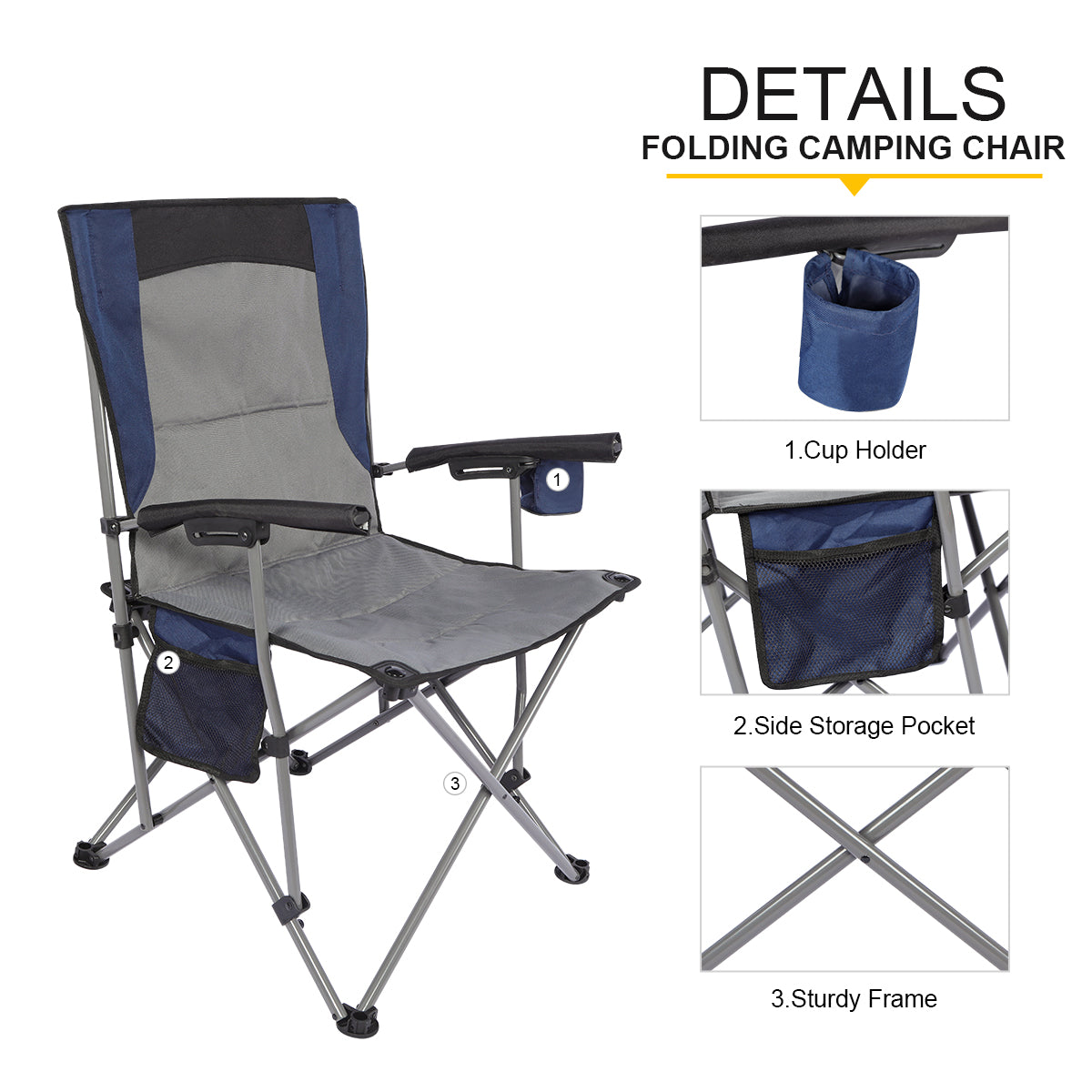 PORTAL Camping Chair Folding Portable Quad Mesh Back with Cup Holder Pocket and Hard Armrest, Supports 300 lbs, 23. 6 * 18. 5 * 36. 6