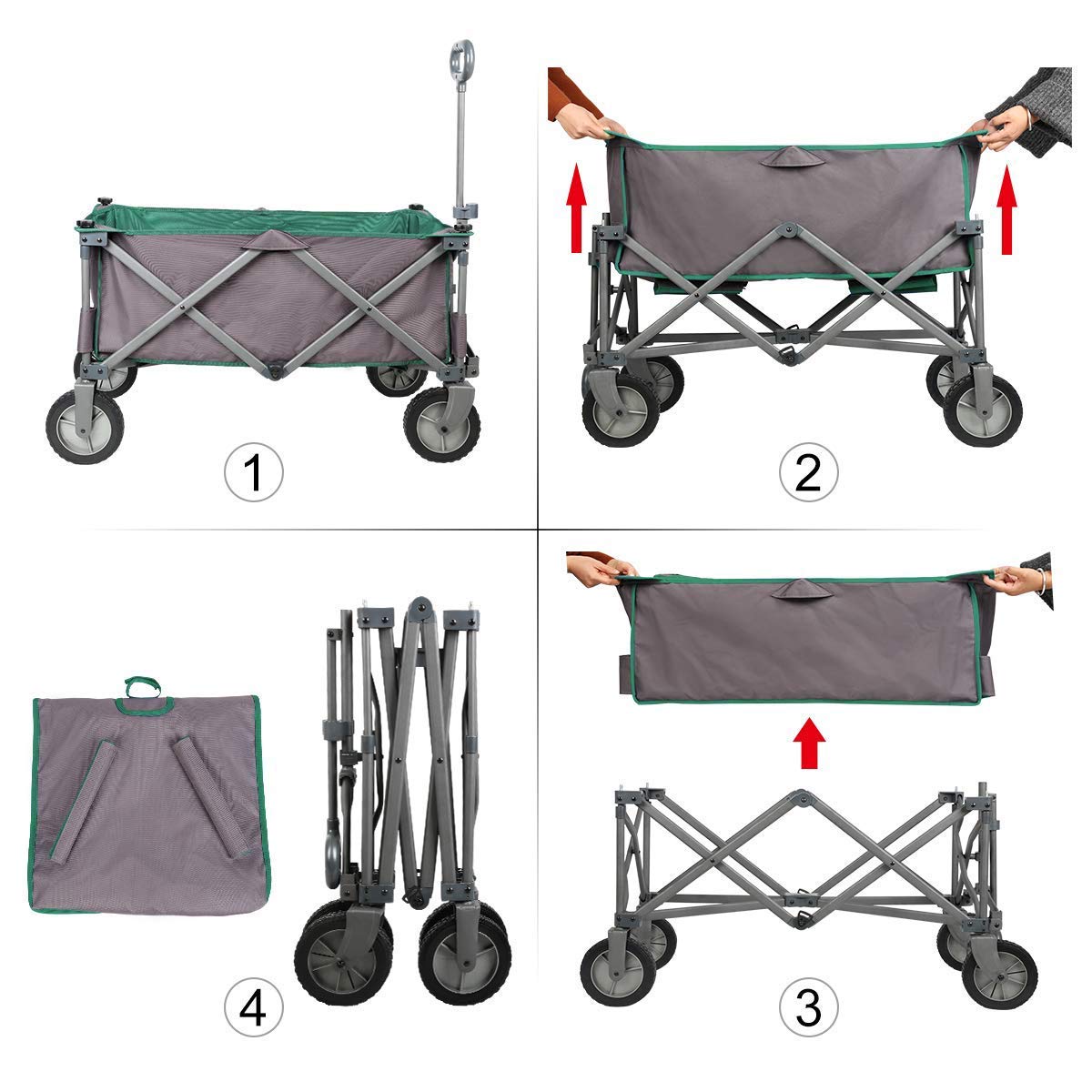 PORTAL Collapsible Folding Utility Wagon Quad Compact Outdoor Garden Camping Cart with Removable Fabric, Support up to 225 lbs (Grey/Green)