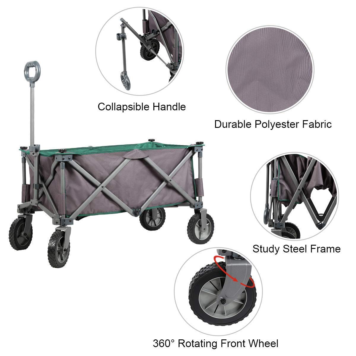 PORTAL Collapsible Folding Utility Wagon Quad Compact Outdoor Garden Camping Cart with Removable Fabric, Support up to 225 lbs (Grey/Green)