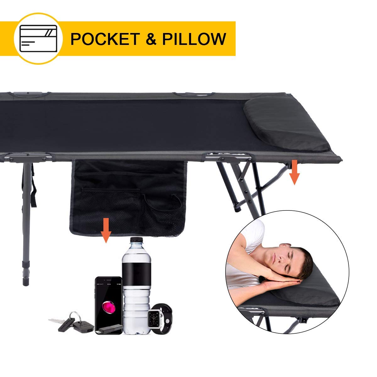 PORTAL Folding Camping Cots for Adults Travel Military Portable Cot Bed with Carry Bag Attached Pillow Side Pocket for Indoor & Outdoor Use, Support 300lbs