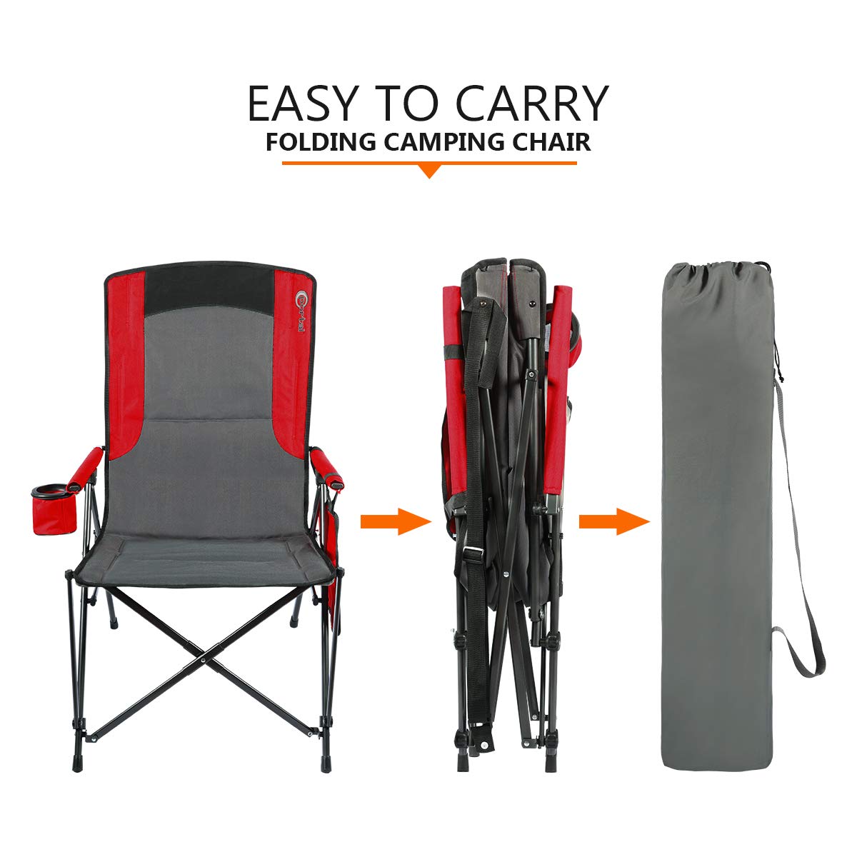 PORTAL Oversized Double Folding Camping Chair High Back Cup Holder Hard Armrest Storage Pockets Carry Bag Included, Support 300 lbs, Red