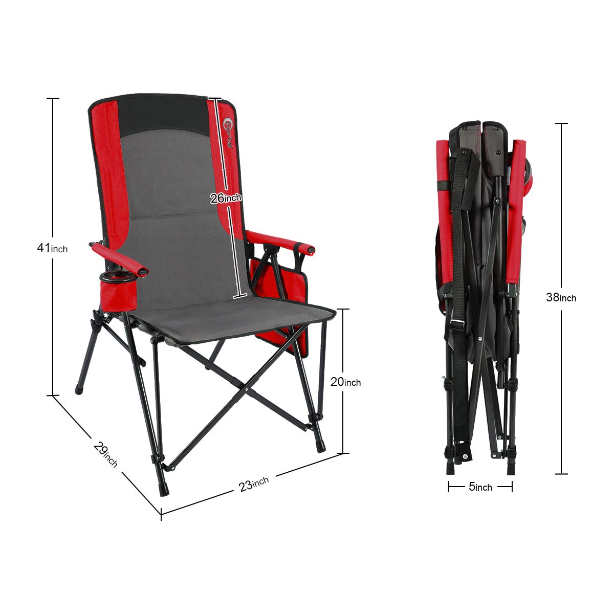 PORTAL Oversized Double Folding Camping Chair High Back Cup Holder Hard Armrest Storage Pockets Carry Bag Included, Support 300 lbs, Red