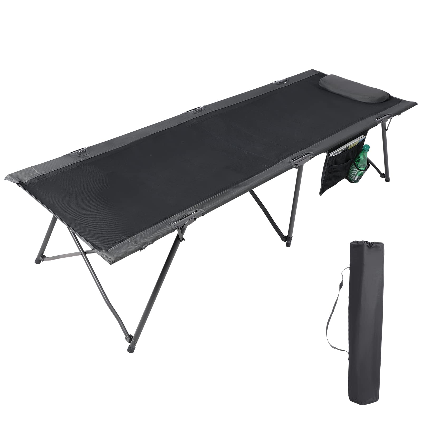 PORTAL Folding Camping Cot for Adults, 80” Extra Length Travel Cot with Pillow, Outdoor Sleeping Cots with Side Pockets, Easy to Set up Camping Cot with Carry Bag, Support 300LBS