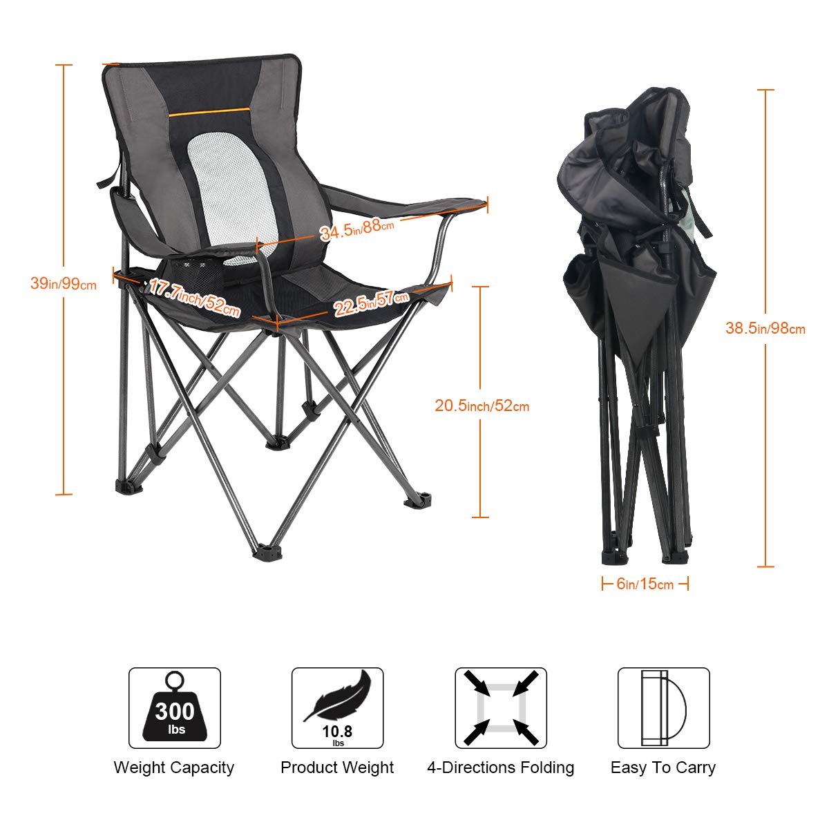 PORTAL Folding Camping Chair with Lumbar Back Support Heavy Duty Portable Quad Chairs, Cup Holder, Support 300 LBS