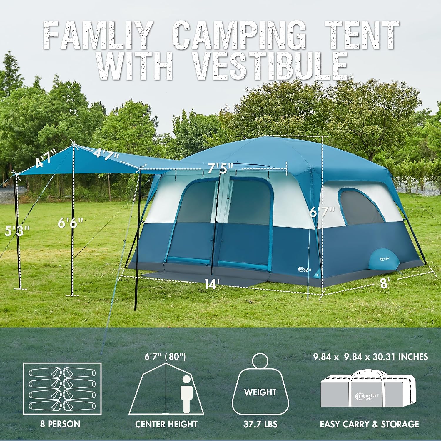 Portal Outdoors 8/10-Person Easy Setup Cabin Tent with Porch