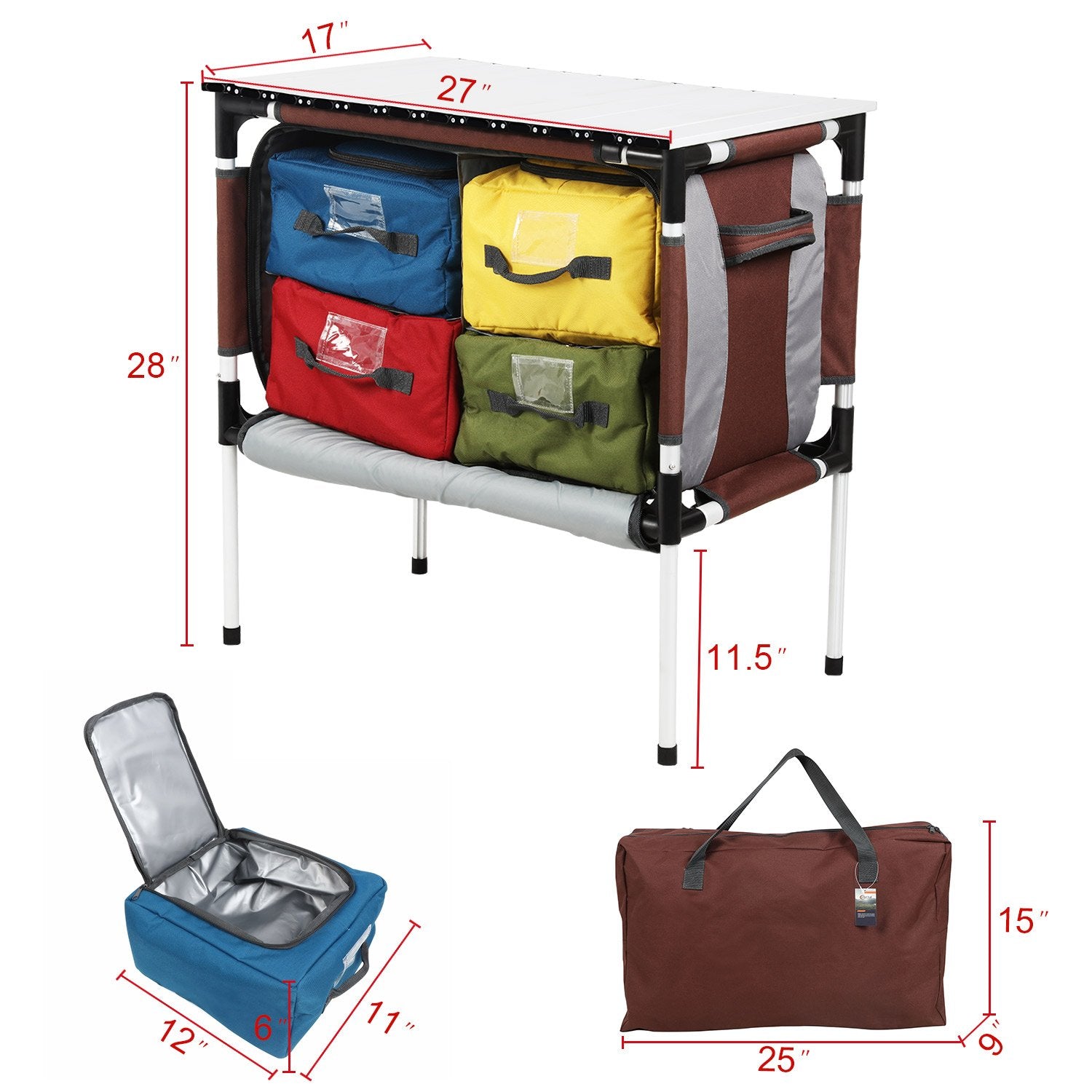 PORTAL Multifunctional Folding Camp Table Aluminum Lightweight Picnic Organizer with Large Zippered Compartment contains Cooler Storage Bags for BBQ, Party, Camping, Kitchen