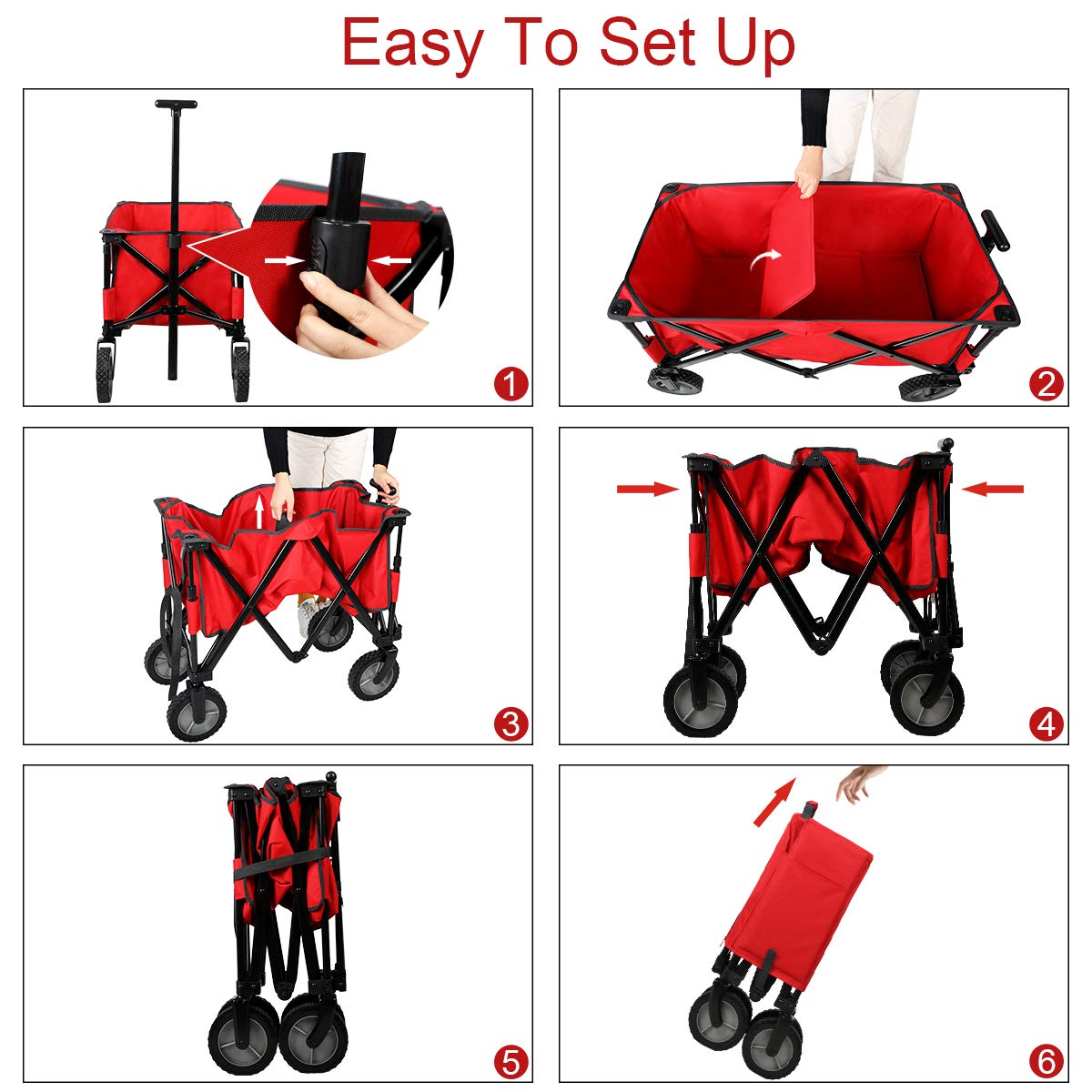 Portal Quad Folding Utility Wagon Camping Garden Cart with Telescoping Handle, Red