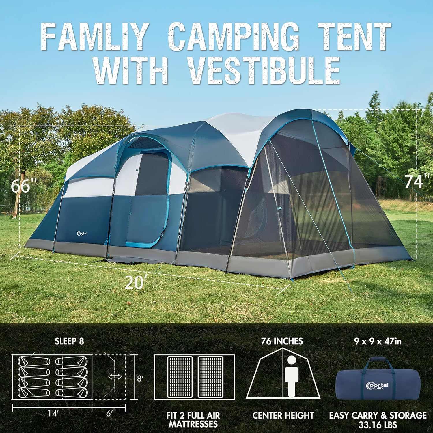 Portal Outdoors 6/8 Person Instant Camping Tent with Screen Porch