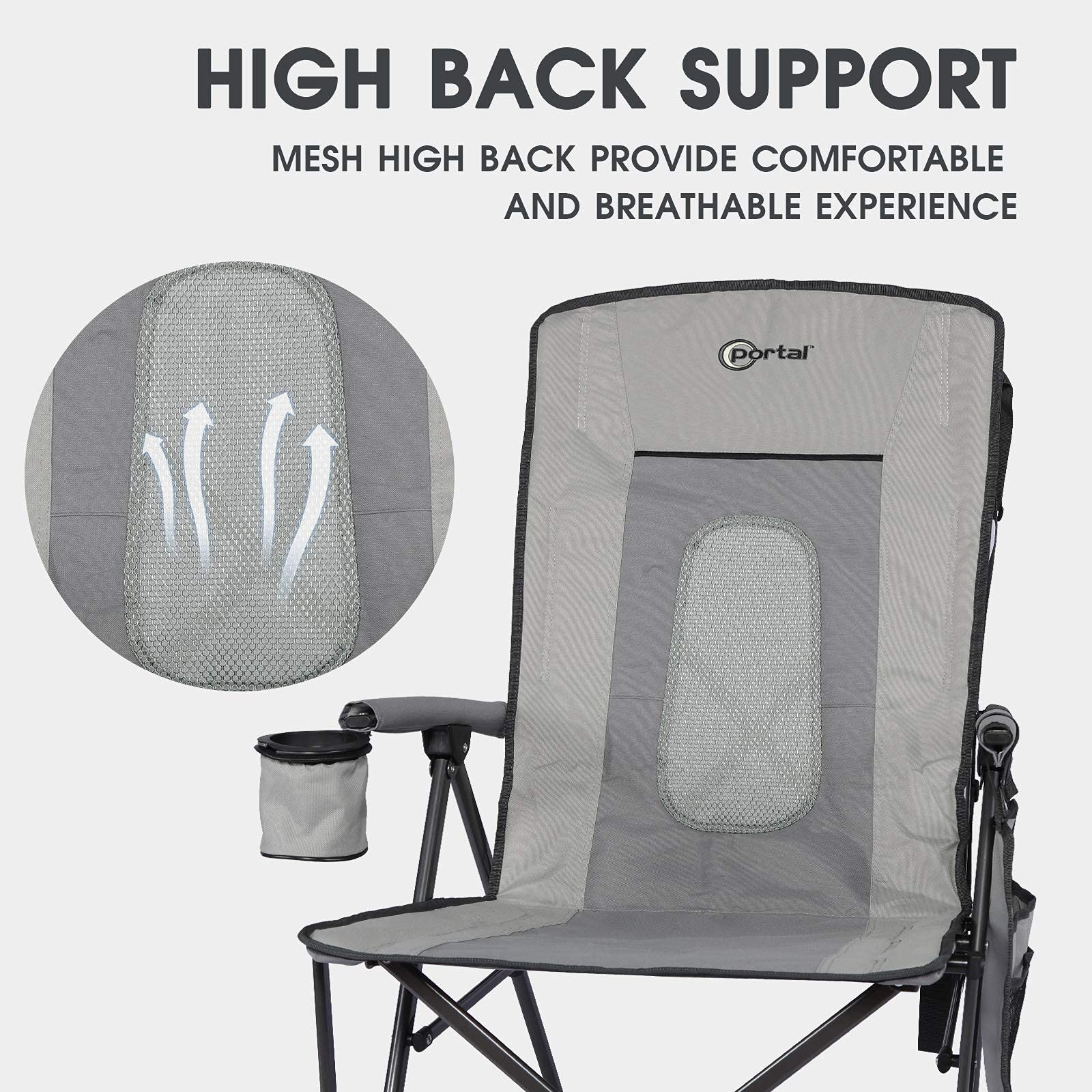 PORTAL Oversized Quad Folding Camping Chair High Back Cup Holder Hard Armrest Storage Pockets Carry Bag Included, Support 300 lbs (Dark Grey)