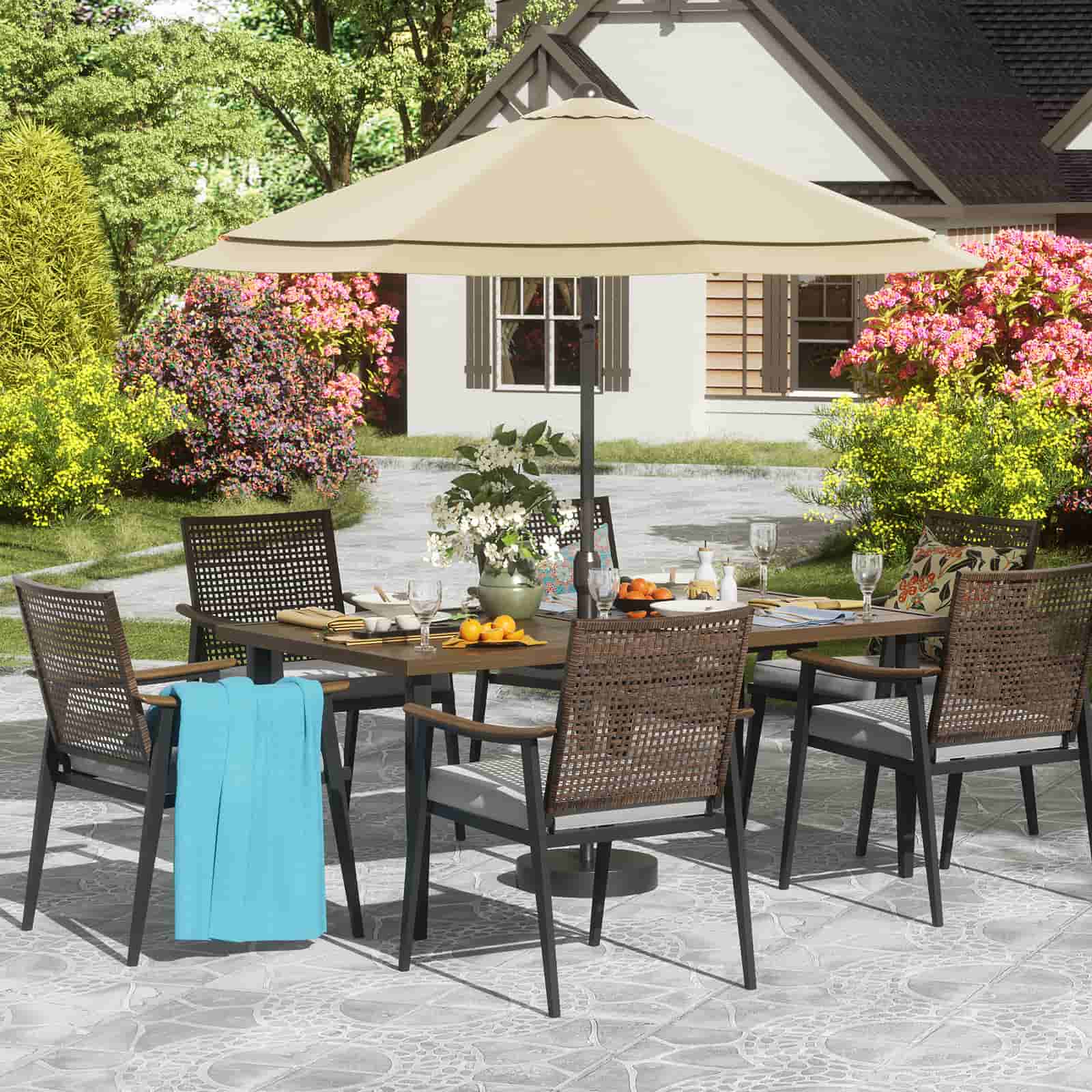 6 seater patio set with umbrella 6-seater Wicker dining set