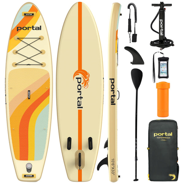 Portal Outdoors  Inflatable Paddle Board include a board, a paddle, a travel bag, a safety leash, a waterproof bag, a removable fin, a hand pump and a repair kit.