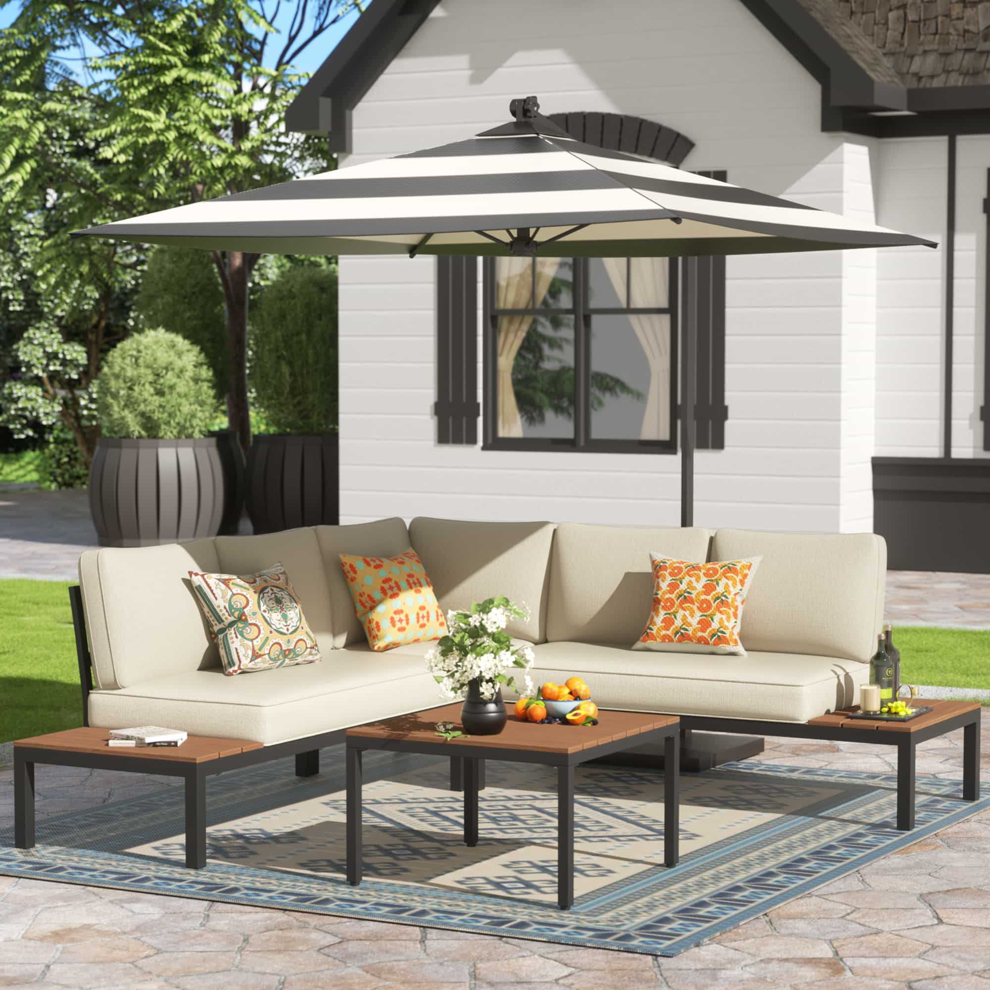 l shaped patio furniture umbrella 9 Pieces Outdoor Rattan Dining Table Set Wicker Set with Hole and Cushions Wood Handrail Enhance your outdoor experience with the PURPLE LEAF Patio Umbrella LAUSAINT HOME 12FT Deluxe Cantilever