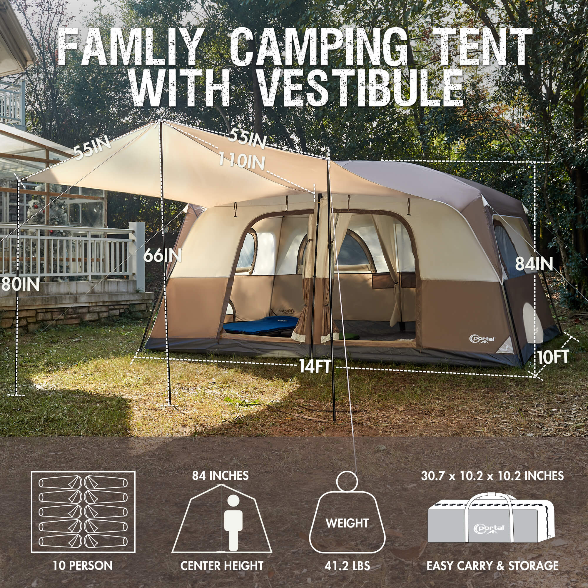 6 Person Straight Wall Cabin Tent with Screen Room 10' x 9