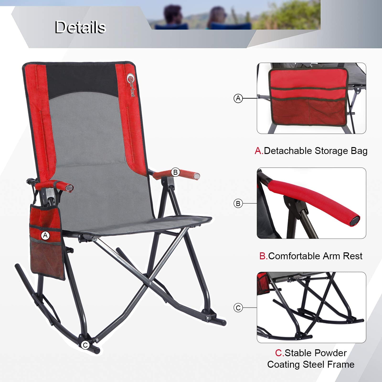 PORTAL Rocking Camping Chair Folding Portable Rocker Outdoor with Cup Holder for Patio, Lawn, Camp, RV, Support 300 lbs, RED