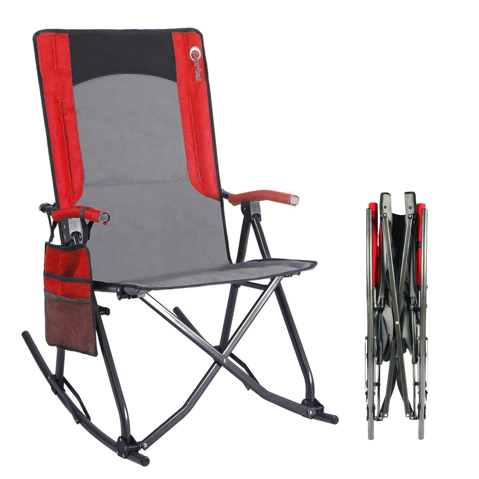PORTAL Rocking Camping Chair Folding Portable Rocker Outdoor with Cup Holder for Patio, Lawn, Camp, RV, Support 300 lbs, RED