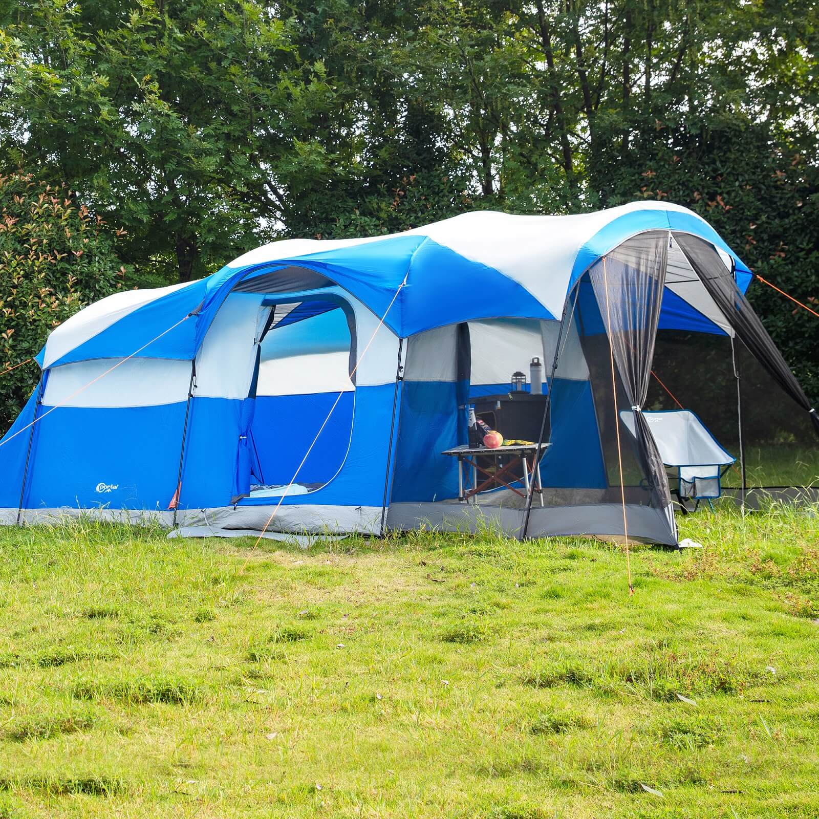 portal 8 person family camping tent with screen room, water resistant big tunnel tents with rainfly, large family tent for camping, outdoor, patio dark blue 8 person